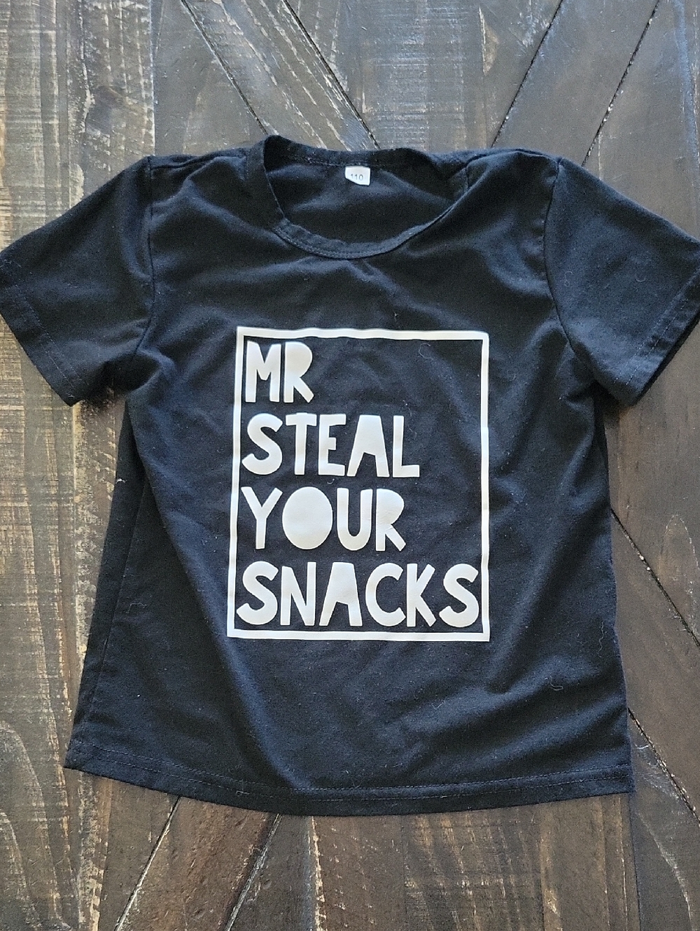 SHEIN Black Kids Tee with Bold White 'MR STEAL YOUR SNACKS' Graphic